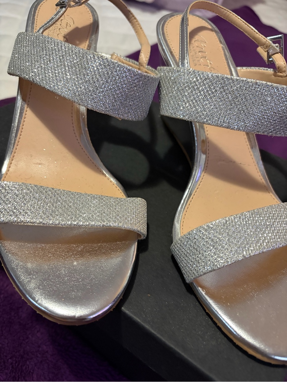 Badgley Mischka Silver Glitter Strap Heels